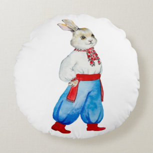 Ukrainian folk costume watercolor stylised rabbit round cushion