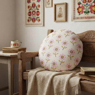 Ukrainian Folk Cross Stitch Embroidery Floral  Round Cushion