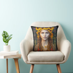 Ukrainian Girl of Amulets & Sunflowers  Cushion