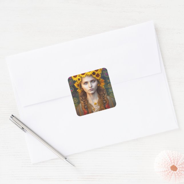 Ukrainian Girl of Amulets & Sunflowers  Square Sticker (Envelope)