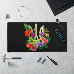 Ukrainian heraldry trident tryzub blooming flowers desk mat