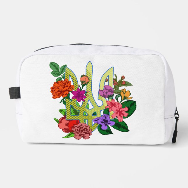 Ukrainian heraldry trident tryzub blooming flowers dopp kit (Front)