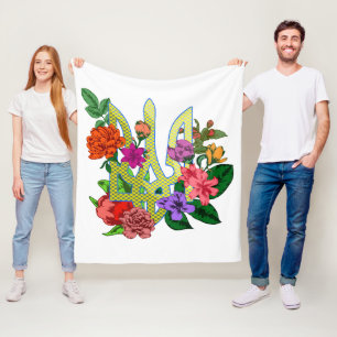 Ukrainian heraldry trident tryzub blooming flowers fleece blanket