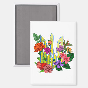 Ukrainian heraldry trident tryzub blooming flowers magnet