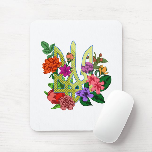 Ukrainian heraldry trident tryzub blooming flowers mouse pad (With Mouse)