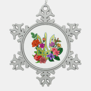 Ukrainian heraldry trident tryzub blooming flowers snowflake pewter christmas ornament