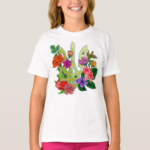 Ukrainian heraldry trident tryzub blooming flowers T-Shirt