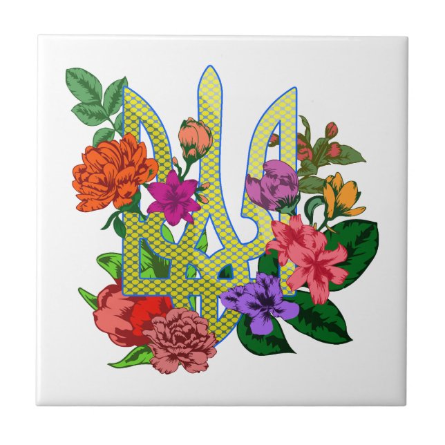 Ukrainian heraldry trident tryzub blooming flowers tile (Front)