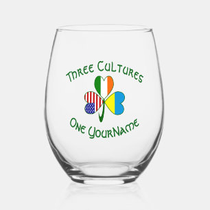 Ukrainian Irish American Flag Shamrock Personalise Stemless Wine Glass