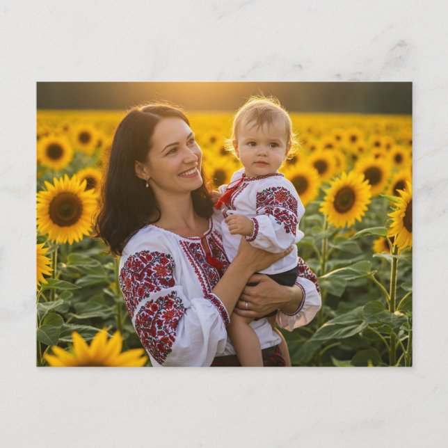 Ukrainian Mother Child Sunflower Postcard (Front)