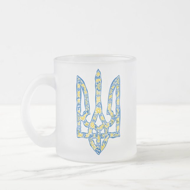 Ukrainian national emblem trident tryzub ethnical frosted glass coffee mug (Left)