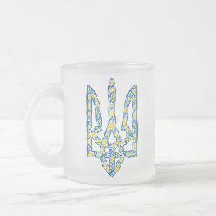 Ukrainian national emblem trident tryzub ethnical frosted glass coffee mug