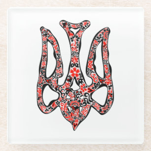 Ukrainian national emblem trident tryzub stylised glass coaster