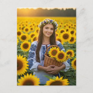 Ukrainian Pretty Girl Sunflowers Postcard