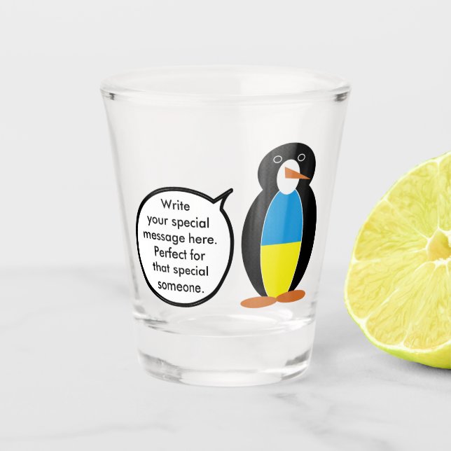 Ukrainian Talking Ms. Penguin Personalised  Shot Glass (Front)