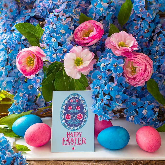 Ukrainian Tradition Pysanka Blue Pink Easter Egg  Holiday Card (Creator Uploaded)