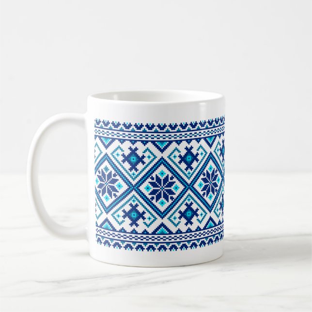 Ukrainian traditional vushuvanka folk pattern blue coffee mug (Left)