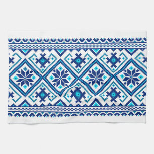 Ukrainian traditional vushuvanka folk pattern blue tea towel