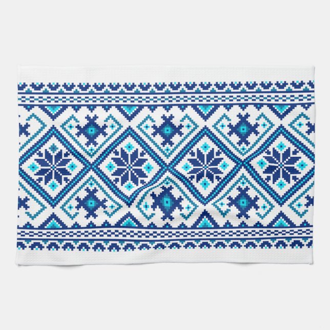 Ukrainian traditional vushuvanka folk pattern blue tea towel (Horizontal)