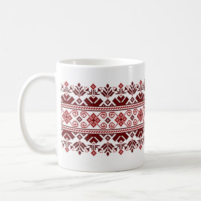 Ukrainian traditional vushuvanka folk pattern red coffee mug (Left)