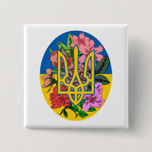 Ukrainian trident and flag of Ukraine with flowers 15 Cm Square Badge