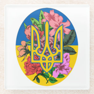 Ukrainian trident and flag of Ukraine with flowers Glass Coaster