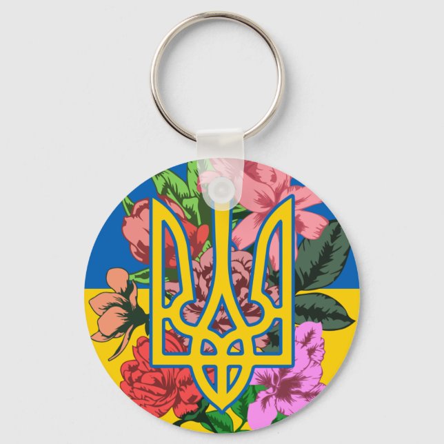 Ukrainian trident and flag of Ukraine with flowers Key Ring (Front)