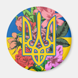 Ukrainian trident and flag of Ukraine with flowers Magnet