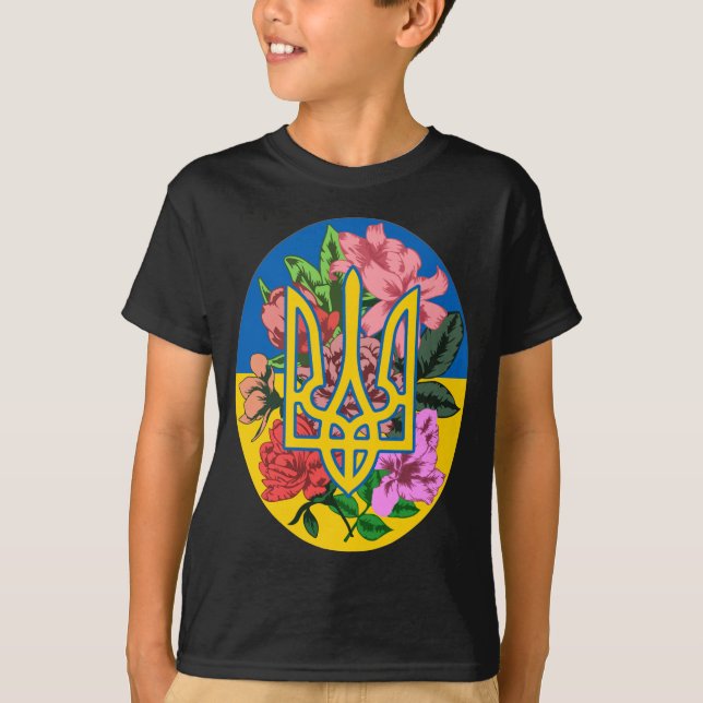 Ukrainian trident and flag of Ukraine with flowers T-Shirt (Front)