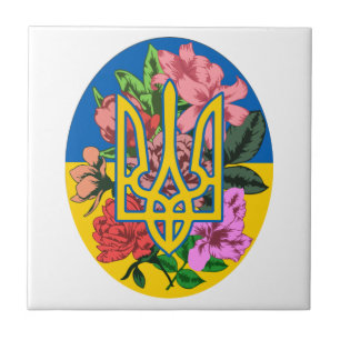 Ukrainian trident and flag of Ukraine with flowers Tile