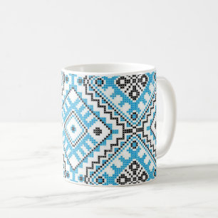 Ukrainian Vyshyvanka Blue Geometric Embroidery Mug