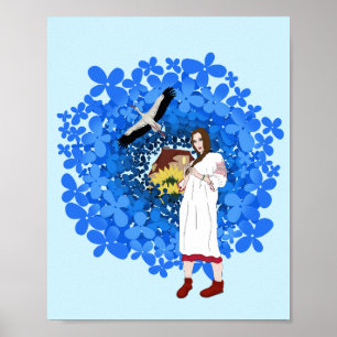 Ukrainian woman, Stork and flowers Poster