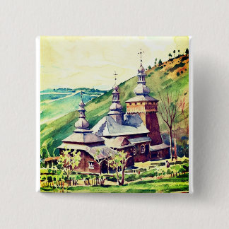 Ukrainian Wooden Church Vintage Architectural Art 15 Cm Square Badge