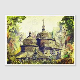 Ukrainian Wooden Church Vintage Watercolor