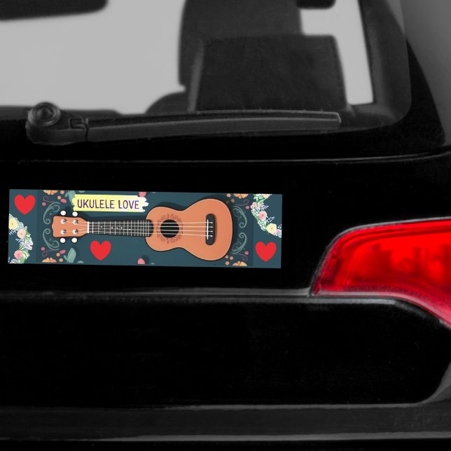 Ukulele Love Heart Musical Instrument Flower Boho Bumper Sticker (A cute bumper sticker for ukulele players, picturing a ukulele with hippie flowers ad hearts)