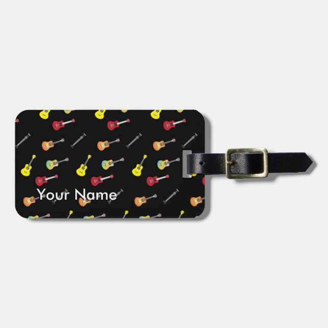 Ukulele Pattern Custom Name Musical Luggage Tag (Front Horizontal)