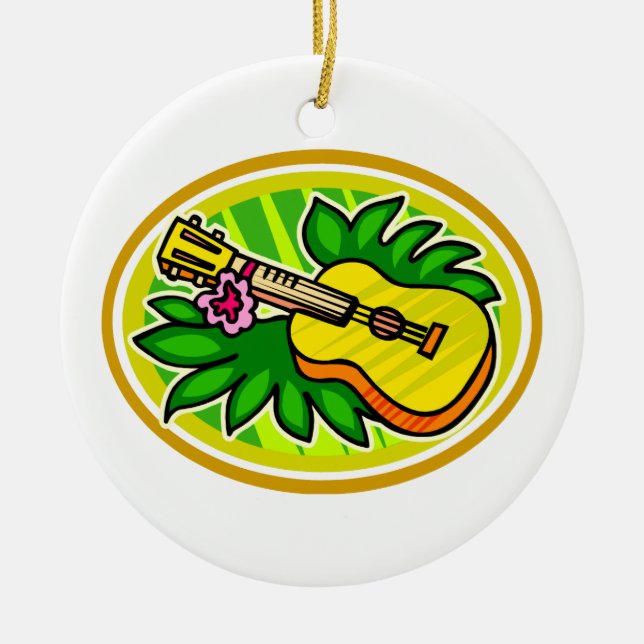 Ukulele With Leaves and Flower Circle , Yellow Ceramic Tree Decoration (Front)