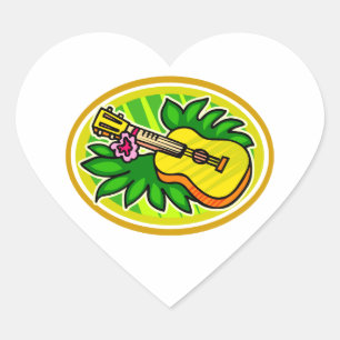 Ukulele With Leaves and Flower Circle , Yellow Heart Sticker
