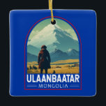 Ulaanbaatar Mongolia Travel Art Vintage Ceramic Ornament<br><div class="desc">Ulaanbaatar retro vector travel design. It’s in the Tuul River valley,  bordering the Bogd Khan Uul National Park.</div>