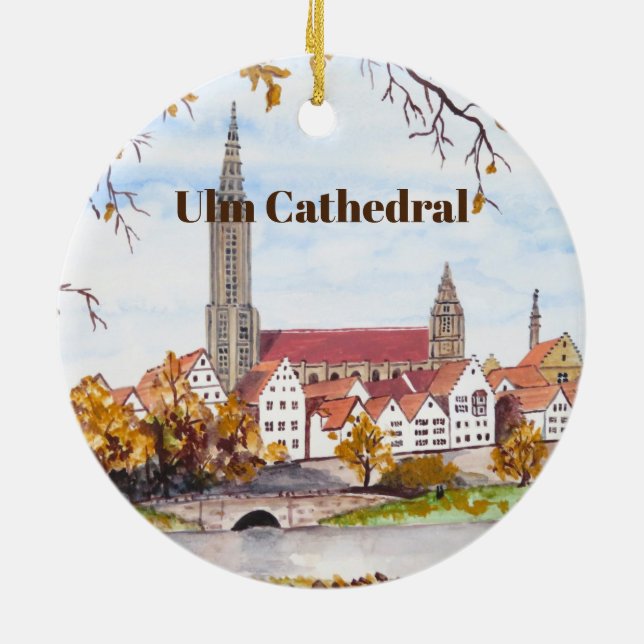 Ulm Cathedral in Germany by Farida Greenfield Ceramic Tree Decoration (Back)