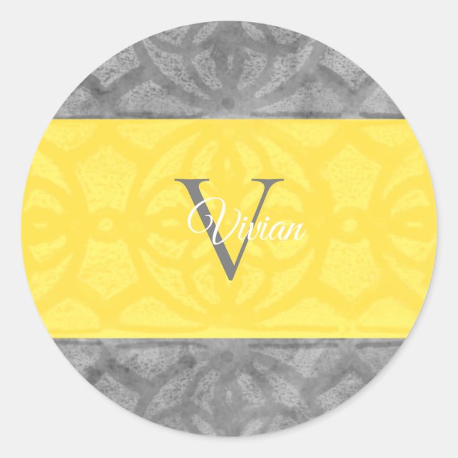 Ultimate Grey and illuminating Yellow Monogram Thr Classic Round Sticker (Front)