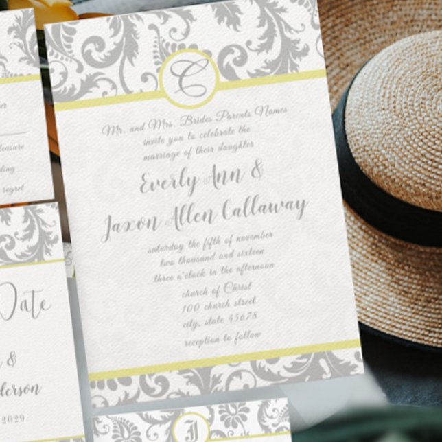 Ultimate Grey Illuminating Yellow Damask Wedding Invitation (Creator Uploaded)