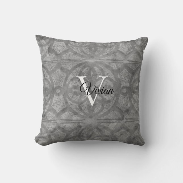Ultimate Grey Watercolor Batik Monogram Name Cushion (Front)