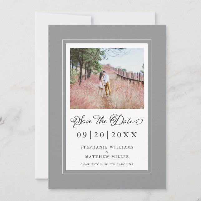 Ultimate Grey & White Chic Borders Photo Engaged Save The Date (Front)