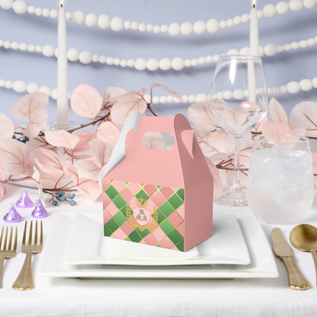 Ultra Chic Preppy Pink Green Argyle Monogram Crest Favour Box (Wedding)