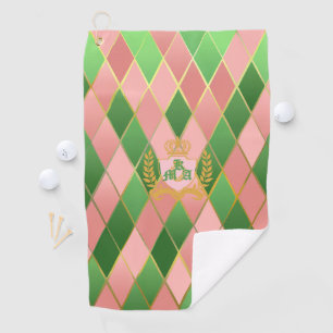 Ultra Chic Preppy Pink Green Argyle Monogram Crest Golf Towel