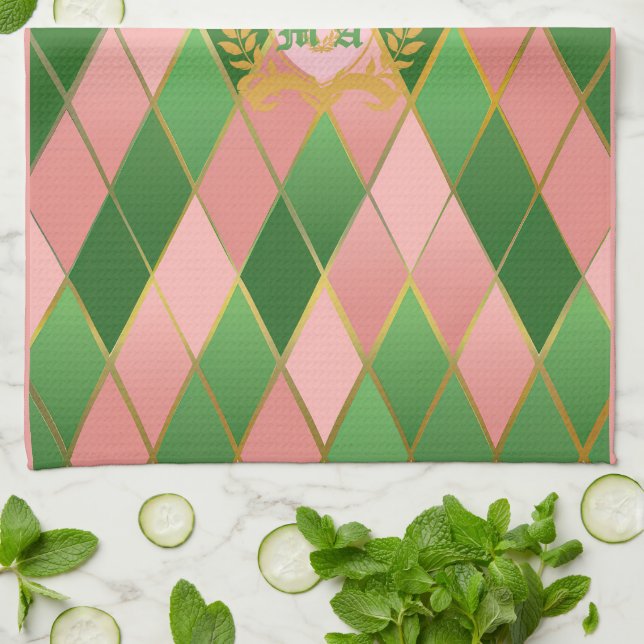 Ultra Chic Preppy Pink Green Argyle Monogram Crest Tea Towel (Folded)