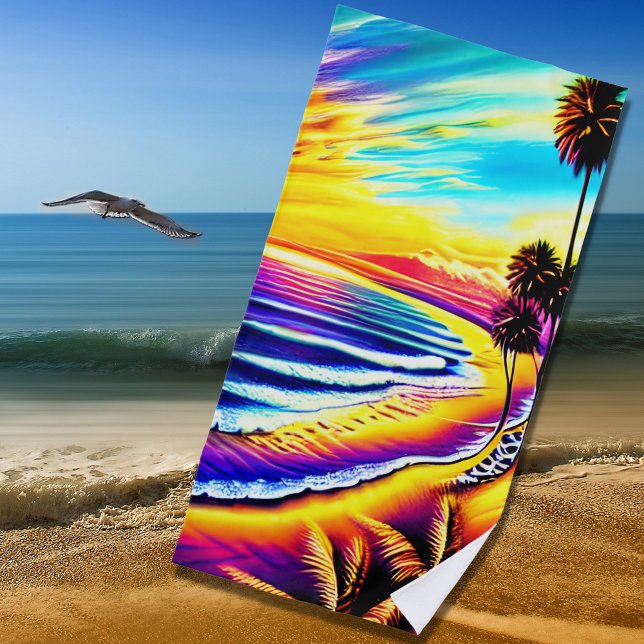 Ultra-Colourful Beach Sunset Waves & Palm Trees Beach Towel (Creator Uploaded)