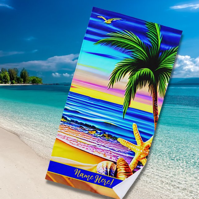 Ultra-Colourful Beach Waves Palm Tree & Starfish Beach Towel (Creator Uploaded)
