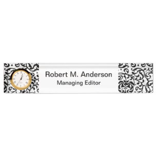 Ultra Elegant Black and White Fancy Floral Damask Nameplate